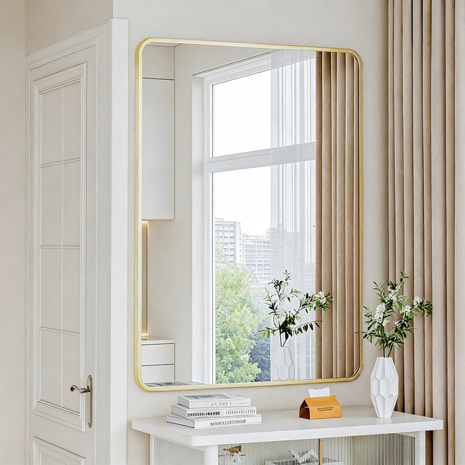 뷰티피크 라운드형 벽거울 화장대거울 욕실거울 강화안전유리, 골드75cm