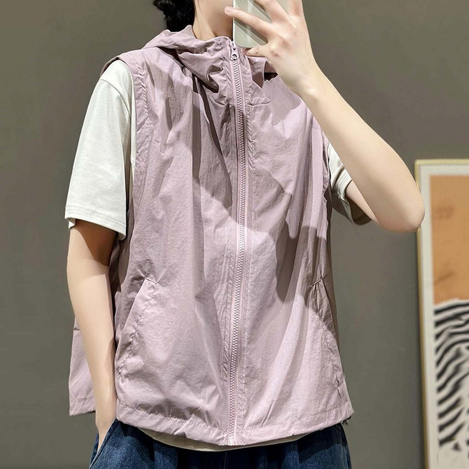 슬림소녀 여성용 여름 후드 캐주얼 조끼 루즈핏 경량 민소매 바람막이 집업 점퍼