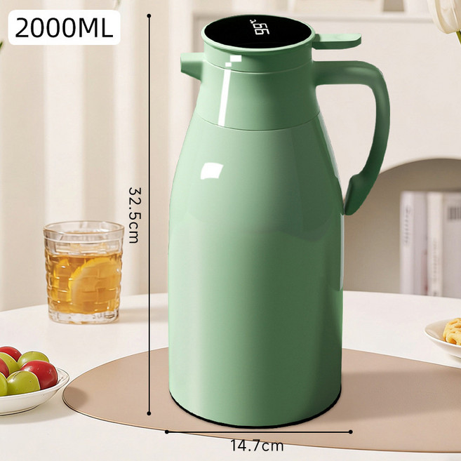 1000ml 保溫水壺 按壓式 玻璃內膽 熱水瓶, 1個, 莫蘭迪綠2.0升升級數顯款+加厚內膽+長效保溫