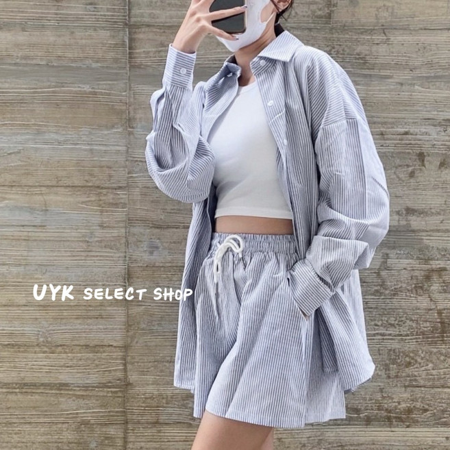 UYK 韓系條紋襯衫短褲套裝 寬鬆休閒兩件式