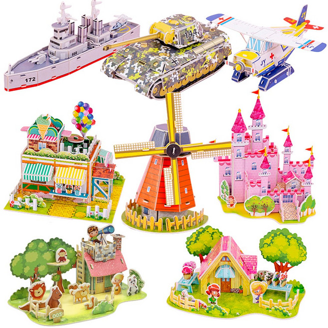 3D 입체 퍼즐 건축물 만들기 미니어처 프라모델 하우스 모형 취미 놀이 DIY 프라모델 미니어처 부속 키트 종이 건물 빌딩 탱크 배 풍차, 세트1. 8종 풀세트, 1개