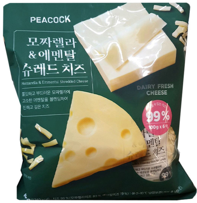 피코크 모짜렐라 &에멘탈 슈레드 치즈, 단품, 600g, 1개