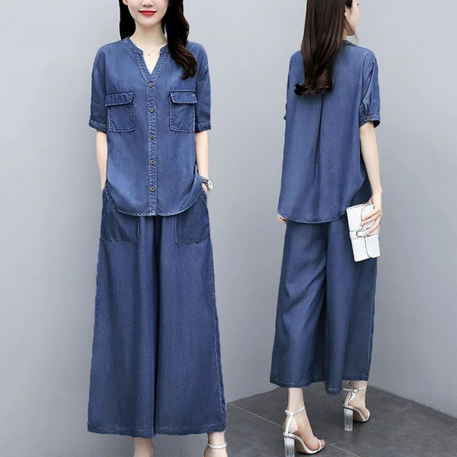 중년 여성 데님 세트 캐주얼 봄 여름 반팔 창자켓 와이드 청바지 상하의 투피스 루즈핏 데님 투피스 세트 CY