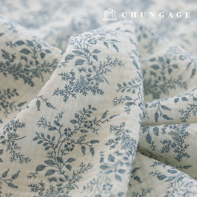 천가게 요루 이중 거즈원단 면 무형광 바이오워싱 천 꽃무늬 원단 체리 크림, 42) 뜨왈 리프 블루