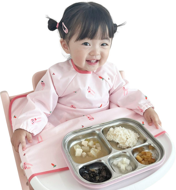 벨베이비 유아용 자기주도 긴팔 부분커버 이유식 턱받이, (리뉴얼)핑크 토끼, 1개, 1개입