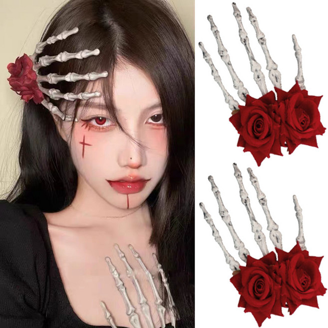ZOYANA 할로윈 헤어핀 해골손가락 장미집게핀 2P 세트, 2개, 레드-01