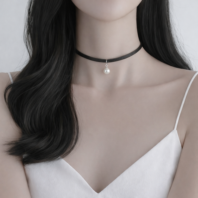 백송 단아 진주 포인트 슬림 가죽 초커 데일리 레더 스트랩 모던 시크 캐주얼 패션 목걸이