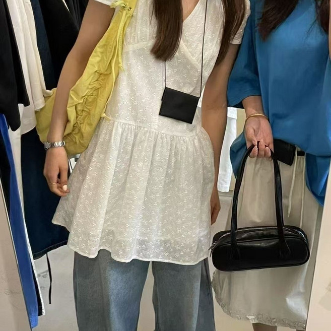 法式蕾絲刺繡短袖連衣裙上衣