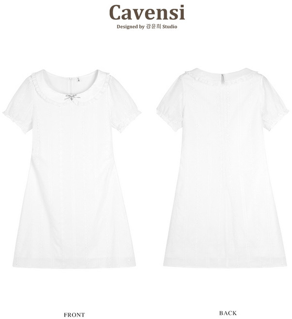 Cavensi 蝴蝶結白色洋裝 娃娃領 泡泡袖 連身裙, 甜美白色,L（建議50-60公斤 ）
