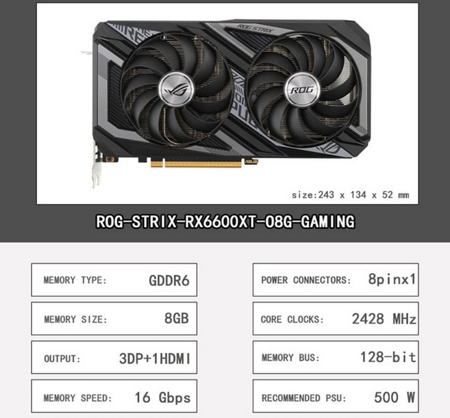 ASUS 듀얼 라데온 rx 6600 xt oc 에디션 rog strix 게임 8gb gddr6 128비트 7nm 6600xt 지원 amd 인텔 데스크탑, rog-rx6600xt-o8g