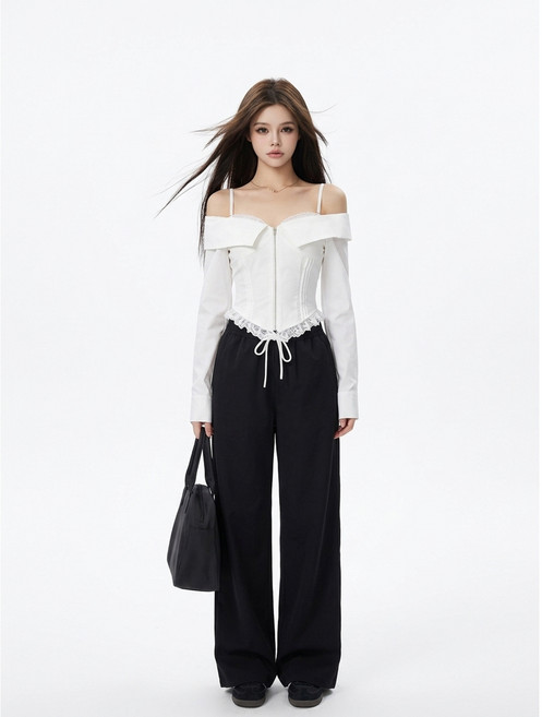 오프 숄더 블라우스 레이디스 긴 소매 어깨 내리기 레이스 프릴 코르셋 바람 탑스 섹시한 타박상 한국 지뢰계 양산형 귀여운 봄 가을 캐주얼 짧은 길이 셔츠