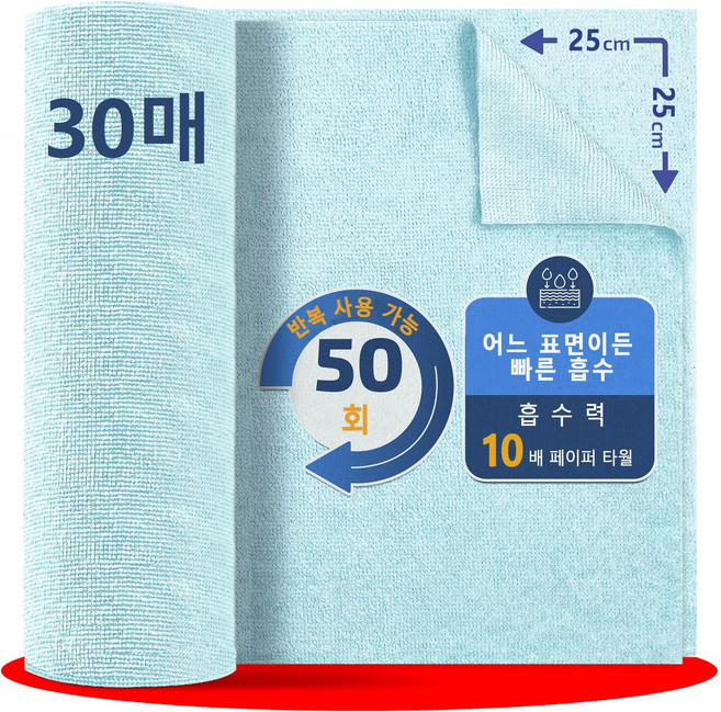 록신 행주 빨아쓰는 키친타올 세탁 후에도 부드러운 다용도 행주 25 x 25 cm 30매, 1개, 라이트블루