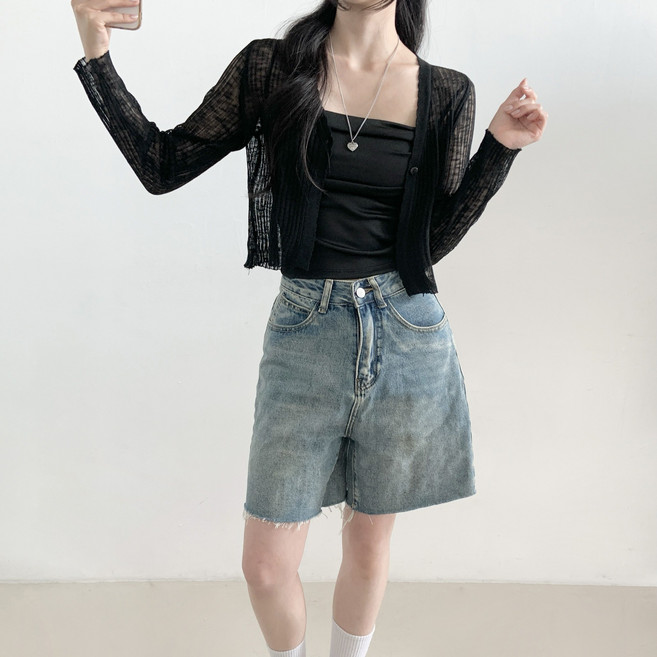 제이앤썸 골지 크롭 시스루 가디건 끈나시 스퀘어넥 나시 세트 투피스 코디 여름 셋업