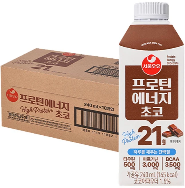 서울우유 프로틴 에너지 초코, 240ml, 18개 - 쿠팡