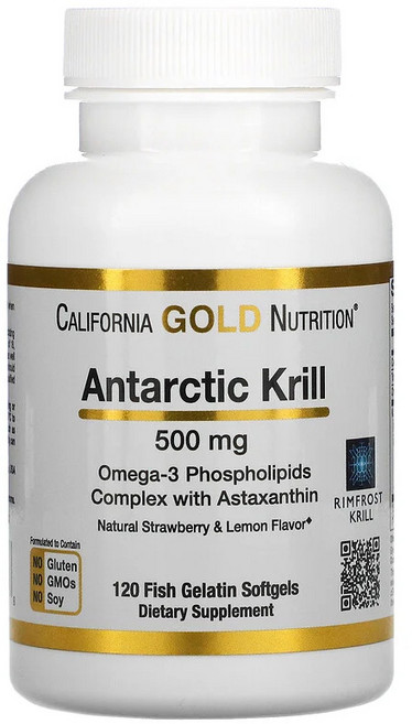 CGN 캘리포니아 골드 뉴트리션 남극 크릴 오일 RIMFROST 천연 딸기 및 레몬향 피쉬 젤라틴 500mg 소프트젤 120정 아스타잔틴 EPA DHA 인지질 함유, 1개