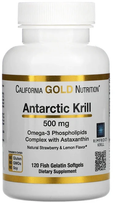 CGN 캘리포니아 골드 뉴트리션 남극 크릴 오일 RIMFROST 천연 딸기 및 레몬향 피쉬 젤라틴 500mg 소프트젤 120정 아스타잔틴 EPA DHA 인지질 함유, 1개 - 쿠팡