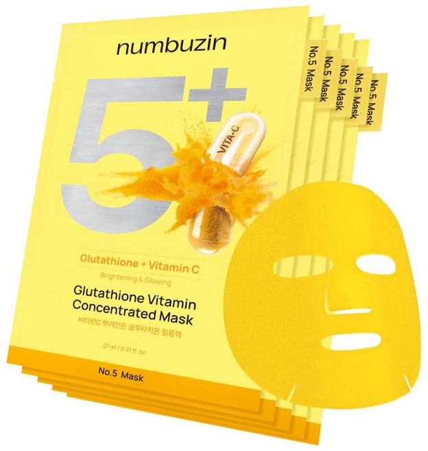 numbuzin 全系列面膜 | B5補水 膠原PDRN 冰鎮舒緩 維他命亮白 舒緩毛孔, 1盒, 5號維生素精華面膜 | 肌膚暗沉者入,1盒入