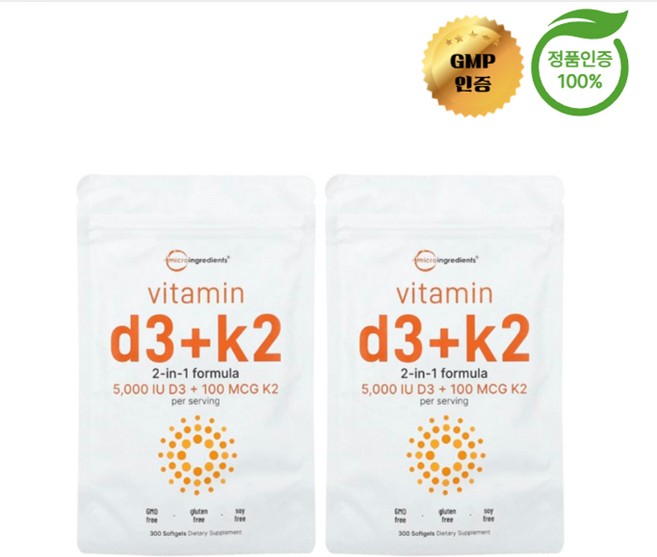1+1 마이크로 인그리디언츠 비타민D3 + K2 소프트젤 300정, 300회분, 2개