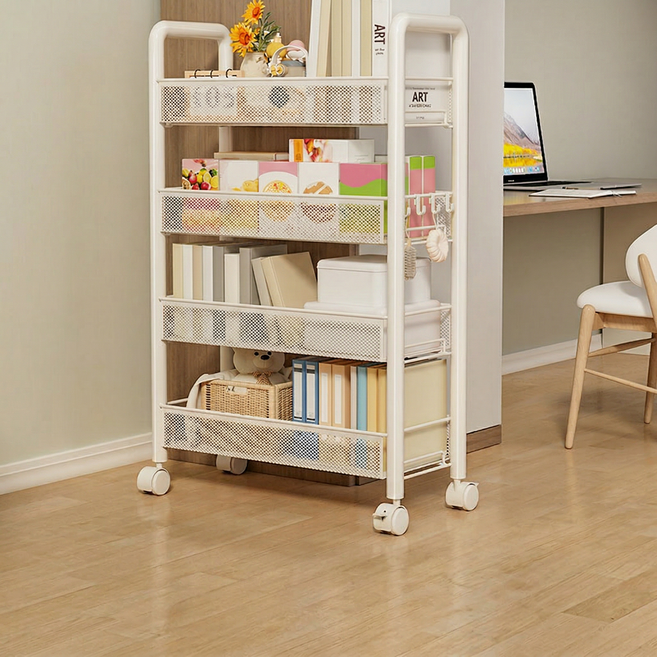 Dune 메쉬 철제 이동식 트롤리 만향바퀴 주방 정리함 수납 카트 핸들 후크 다용도, 흰색, 4단