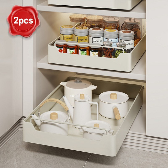 ZOZOFO 무타공 슬라이딩 주방선반 수납장 레일선반 싱크대 하부장 정리대 마켓 주방 서랍형 선반, 1단, 35*43*7cm, 2개