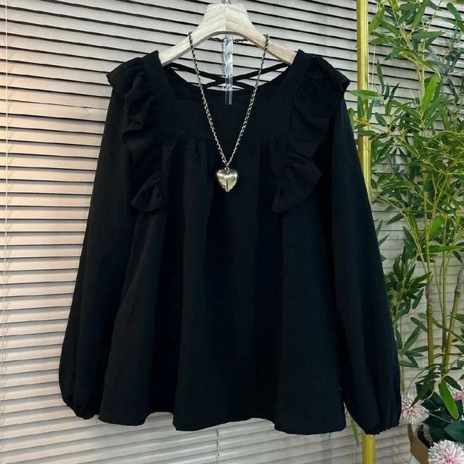 Seofst 여성 봄가을 빅사이즈 시폰 블라우스 스퀘어넥 블라우스 옆트임 티셔츠 빅사이즈 긴팔 프렌치 리본 타이 사이드 셔링 자외선 차단 프릴 디자인