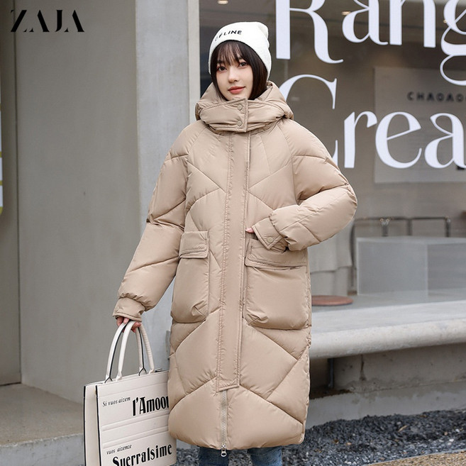 ZAJA 여성 겨울 후드 롱 패딩 데일리 통근 방한 코트