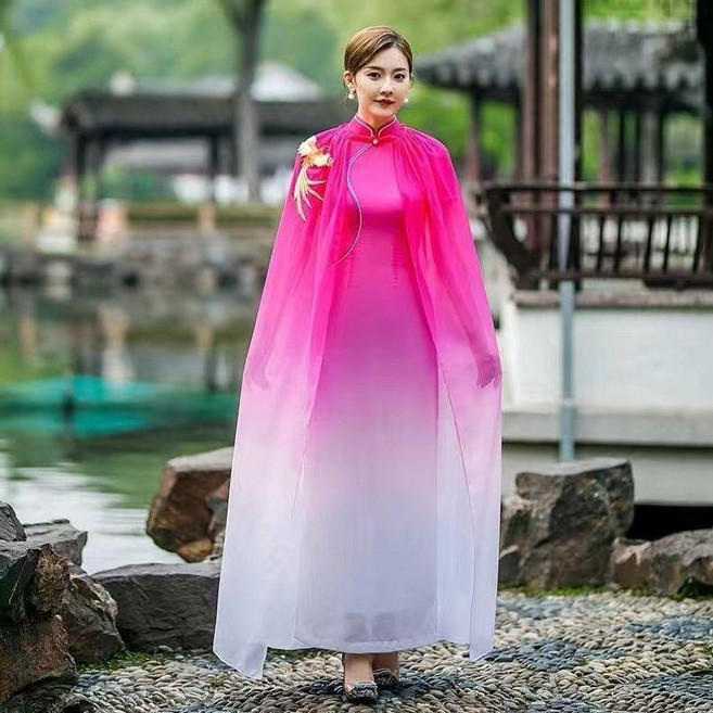 good 奧黛旗袍連衣裙長款2025新款中式禮儀改良日常旗袍隊隊服多色, 玫紅色雪紡加披肩,2XL, 玫紅色