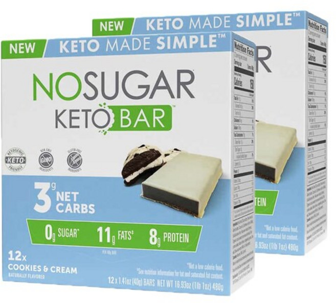 No Sugar Company 노슈가 컴퍼니 키토 바 쿠키 앤 크림 40g x 12바 프로틴 단백질 에너지바, 12팩