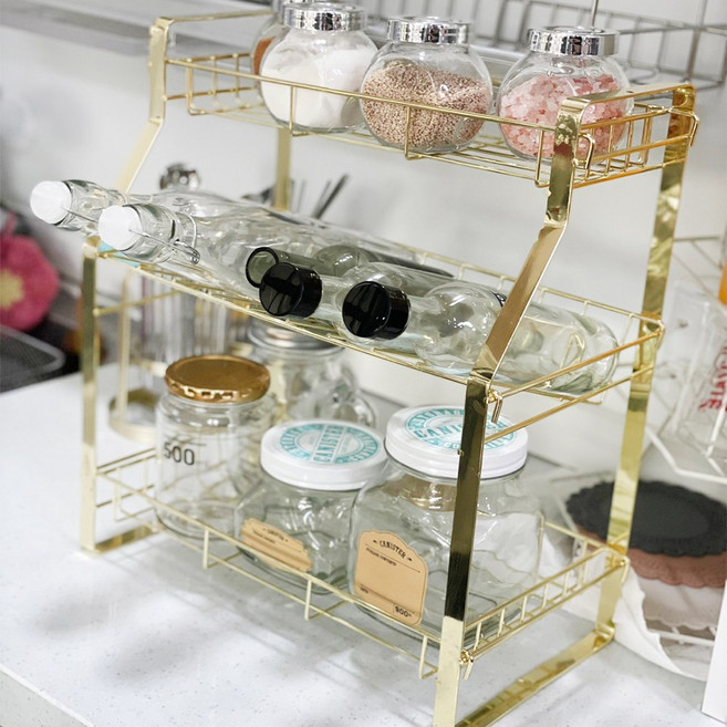 3단 슬라이딩 양념통 선반, 골드