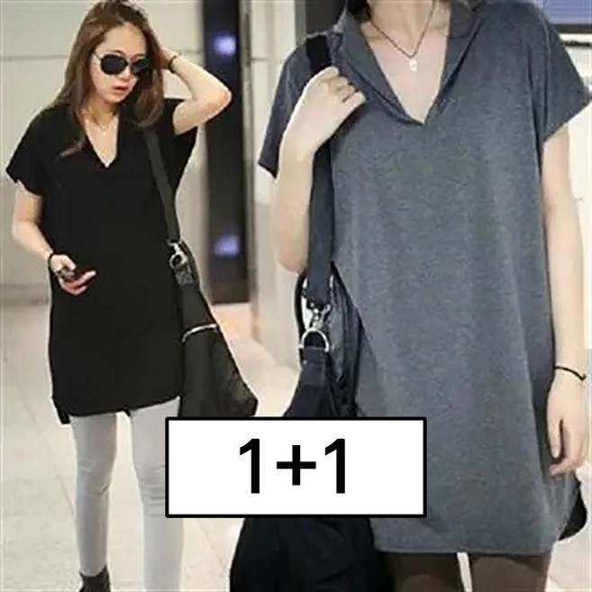 여성 여름 빅사이즈 1+1 반팔 티셔츠: 150kg까지 착용 가능 날씬 무지 심플 일자 미디티 편안한 가오리핏 브이넥 루즈핏 얇은 스판 시원