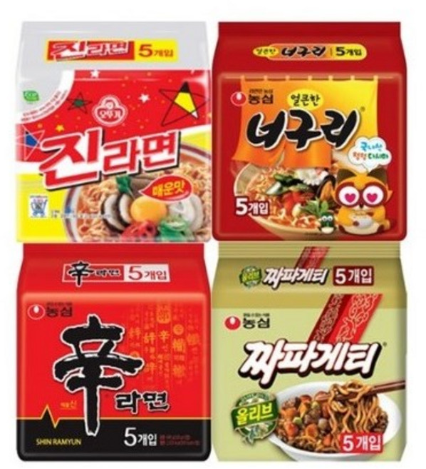 [간식팩토리]멀티라면4종 신라면5입+진라면(매운맛)5입+너구리5입+짜파게티5입, 20개