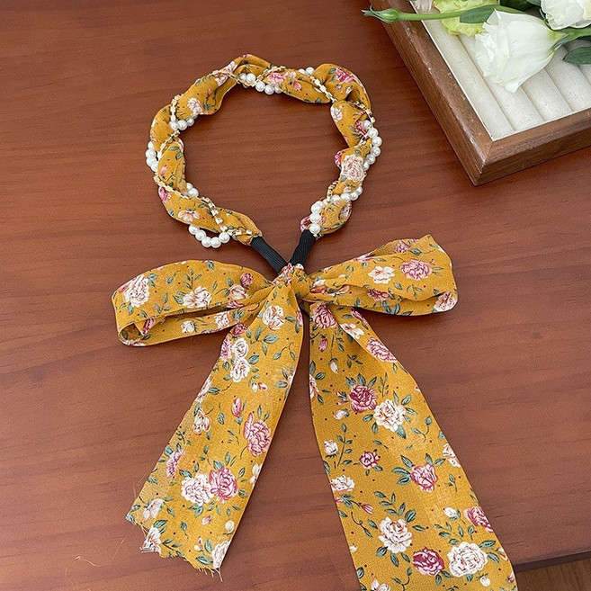 夏季經典碎花布藝飄帶 韓版時尚珍珠頭箍 森系風格綁髮絲帶 絲巾編髮