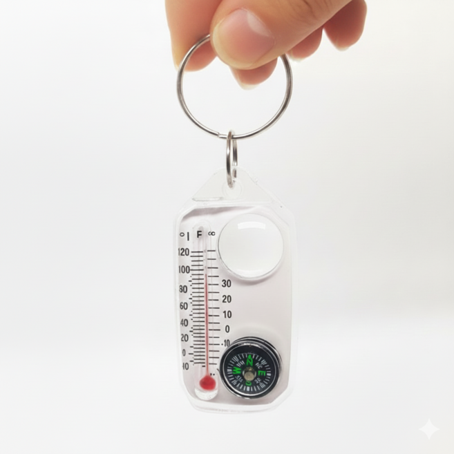멀티 서바이벌 휴대용 키링 온도계 나침반 돋보기 일체형 열쇠고리, 1개, 2p