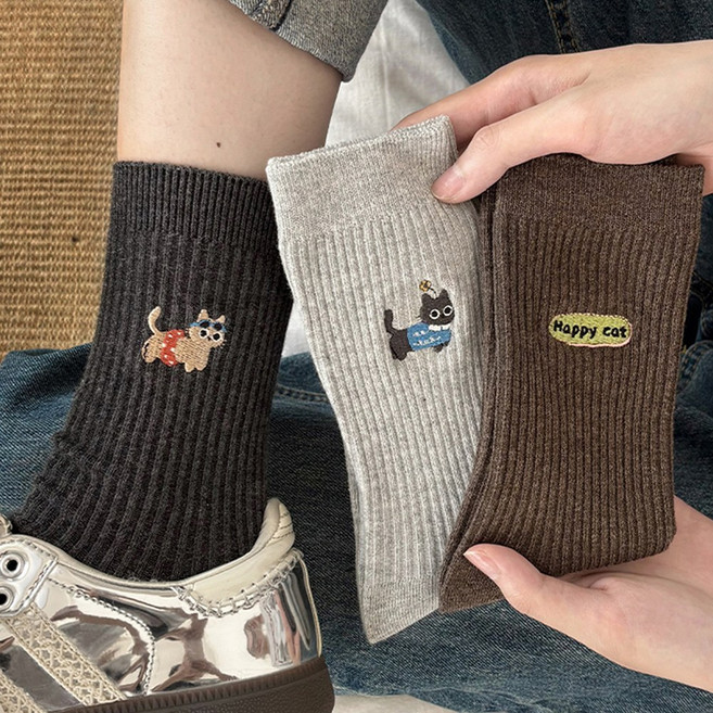 Paipaidx 여성 고함량 코튼 중목 양말 캐릭터 자수 디자인 베이직 데일리 양말 패션 포인트 봄가을 착용 5족 세트