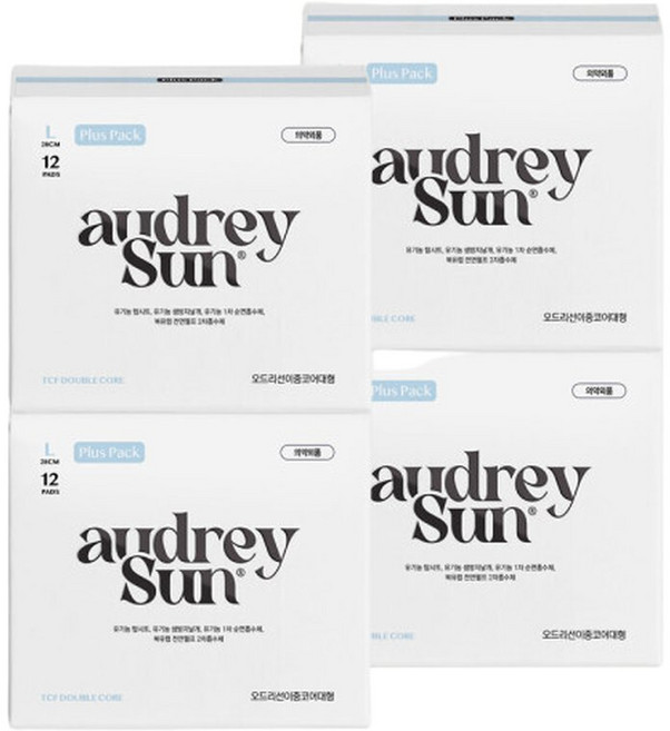 오드리선 더블코어 순면 생리대 TCF 비건 대형 12p X 4팩, 12개입, 4개