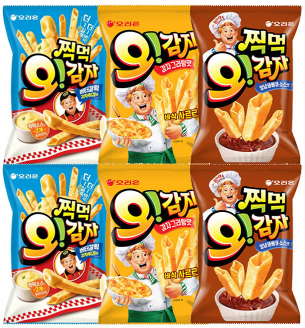 오리온 오감자 찍먹 버터갈릭감자튀김맛 64g+찍먹 양념바베큐소스맛 75g+오감자 그라탕 50g, 1세트, 각2개(총6개)