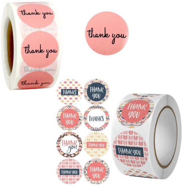 (삭제/미사용)바이유즈 땡큐스티커 귀여운 롤스티커, 2롤, 핑크땡큐