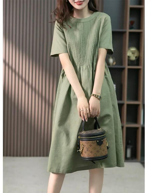 棉麻洋裝 中長款韓版寬鬆顯瘦法式設計感休閒連衣裙, 綠色,2XL 建議135-150斤