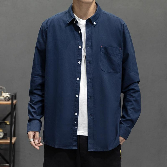 jacq 大尺碼男士長袖襯衫 素色牛津紡寬鬆純棉襯衫
