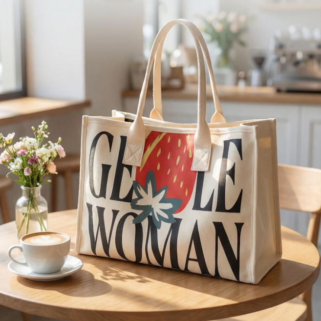 나오유 에코백 모아픽 딸기 레터링 대형 캔버스 숄더백