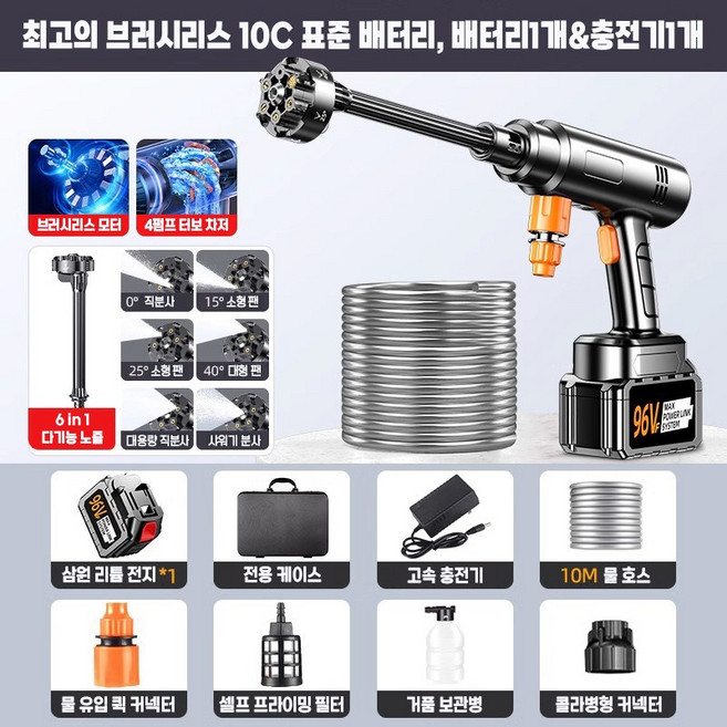 HydroBlast 고압세차기 무선 충전식 이동형 휴대용 가정용 자동차 세차 물총 세차건 강력 분사 조절노즐 다기능 세척기, 96V 단일배터리 + 초고압력 5000W(최신형모터), 프리미엄 알파