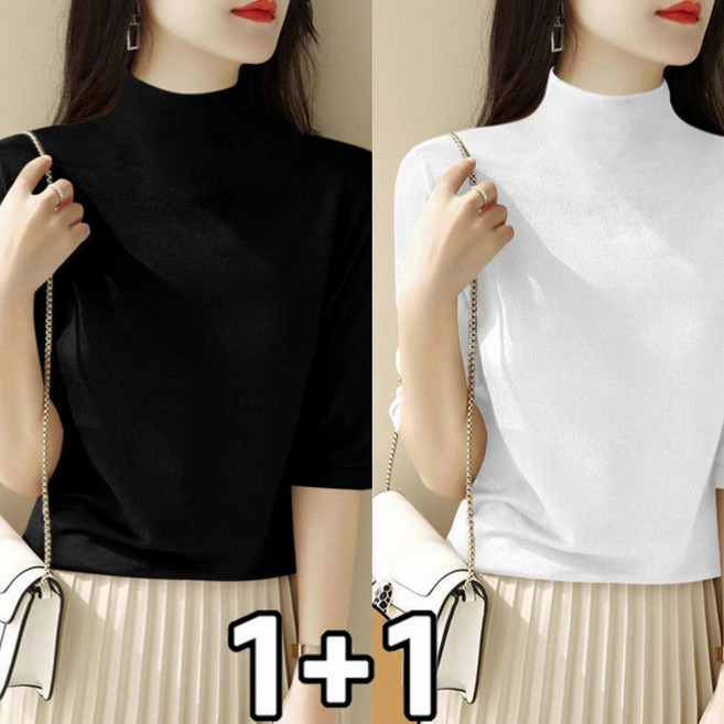 FANSYLI 1+1 여성 빅사이즈 반팔티 심플 슬림 반폴라 티셔츠 얇은 5부 이너 티셔츠 투피스 XR2601J14