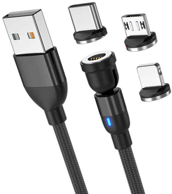 KDNC 고속충전 케이블 마그네틱 자석 540도회전 멀티단자 데이터 전송, 블랙, 1m, 1개