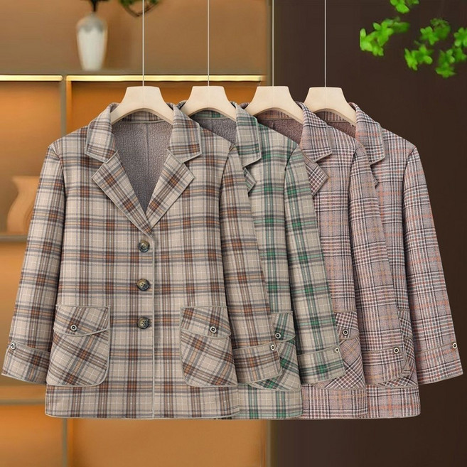 ROYALBELLE 여성 체크 싱글 테일러드 칼라 중년 엄마 봄가을 정장 자켓 K0011416
