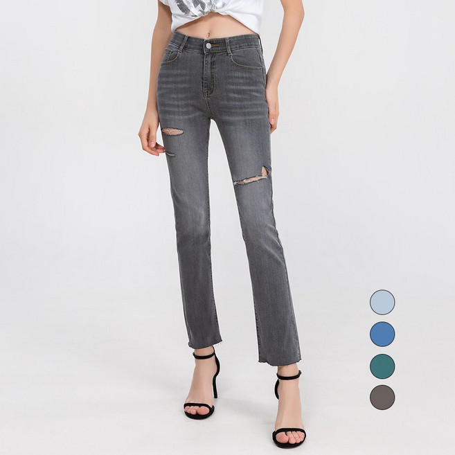 엘블로썸 여성 스판좋은 인밴드 찢청 일자청바지