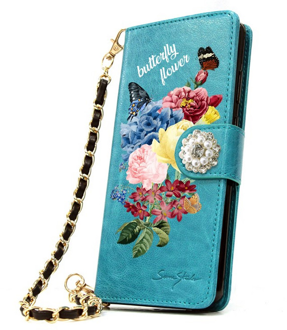 나비와 꽃 버터플라이 플라워 다이아 장신구 손목체인 스트랩 지갑형 휴대폰케이스