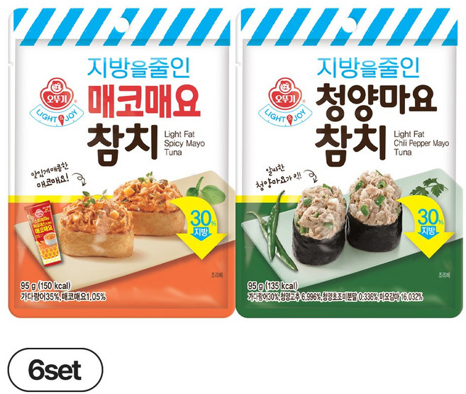 오뚜기 LIGHT&JOY 지방을 줄인 매코매요참치(파우치) 95g 6개 + 지방을 줄인 청양마요참치(파우치) 95g 6개 (총 12개)