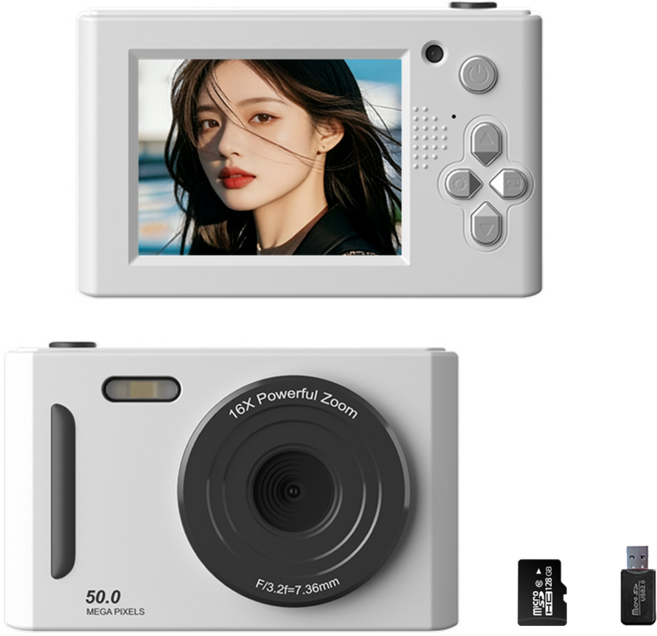 휴대용 감성 디지털 카메라 Y2k 빈티지 카메라 고화소 사진기 128G SD카드 포함, 화이트