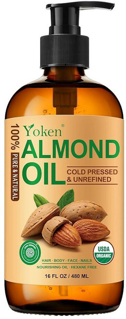 Yoken 유기농 아몬드 오일 236.6ml(8온스) USDA 100% 순수 천연 냉압착 아몬드 오일 유리병 얼굴 모발 및 바디용 모이스처라이징 캐리어 오일 - 피부 관, 1