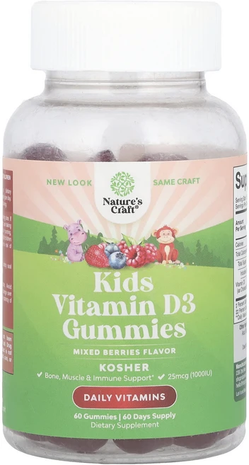 Nature's Craft 어린이용 비타민D3 구미젤리 믹스 베리 25mcg(1000IU) 구미젤리 60개, NaturesCraft어린이용비타민D3구미젤리믹스베리2, 1개, 60정 - 쿠팡